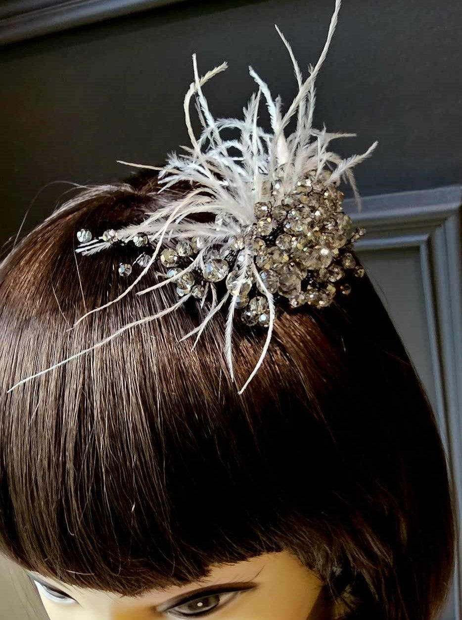 Artisan hair accessory: beading and feathers - silver