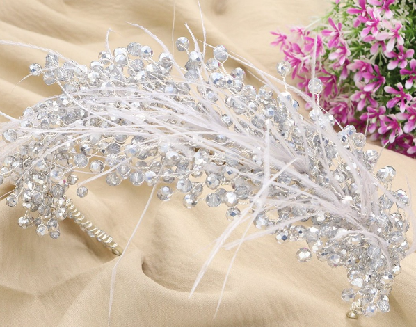 Artisan hair accessory: Headband detailed with feathers and beads- silver