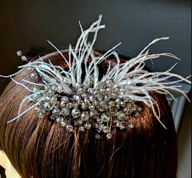 Artisan hair accessory: beading and feathers - silver
