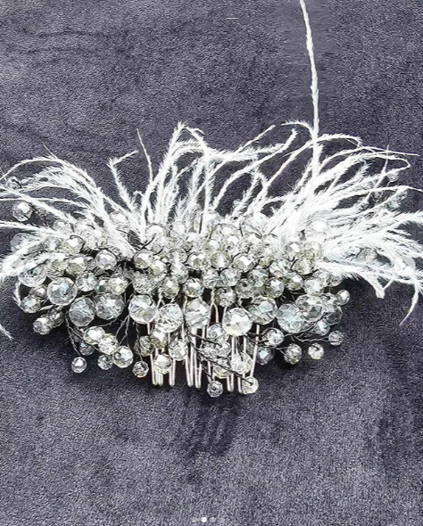 Artisan hair accessory: beading and feathers - silver